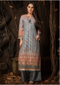 Grey Color Designer Georgette Straight Cut Kurti